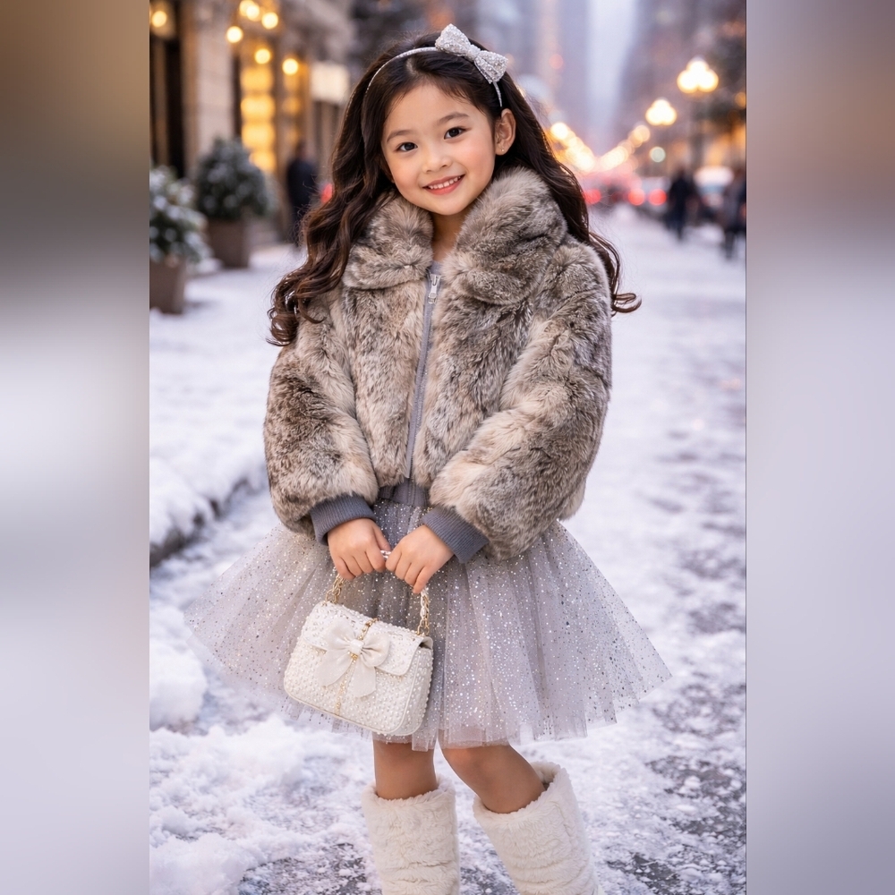 Vintage Kids Fur Collar Bomber Jacket Grey Cropped Winter Coat Girls Size 6